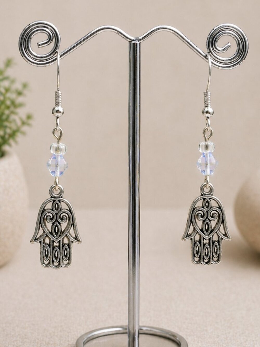 Handmade Hamsa Earrings with Blue Crystal - Picture 5 of 5